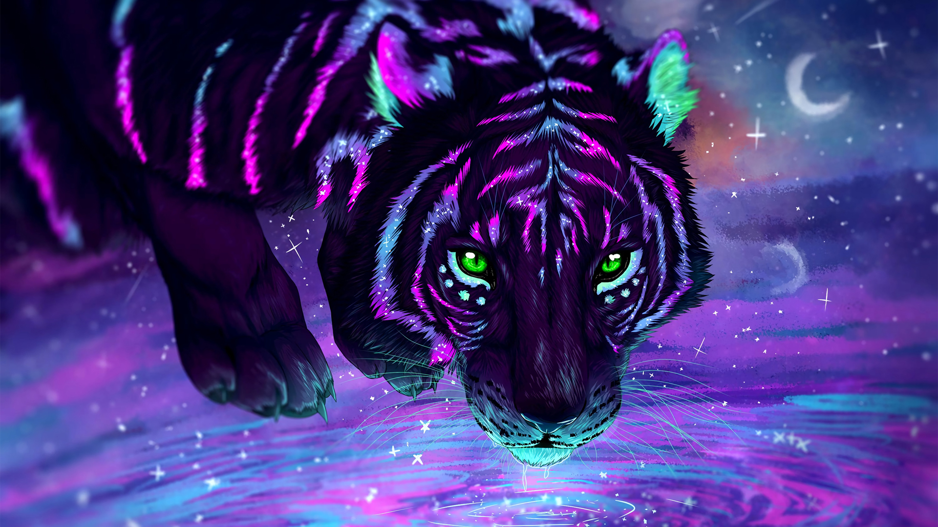 梦幻老虎喝水壁纸_高清动物壁纸