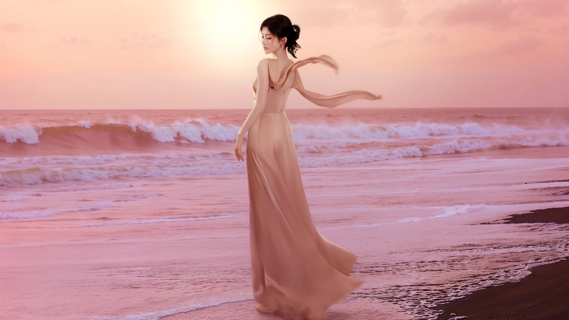 鞠婧祎 海边 海滩 优雅唯美美女电脑桌面美女壁纸_高清美女壁纸