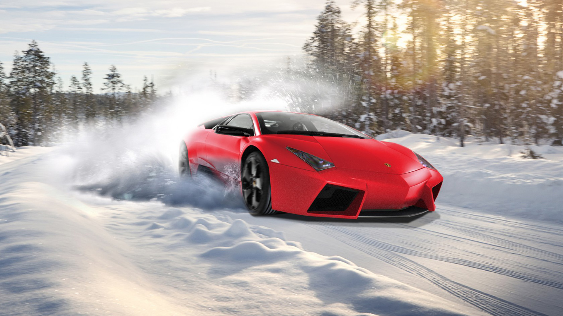 雪地风景 红色兰博基尼 壁纸_高清汽车壁纸