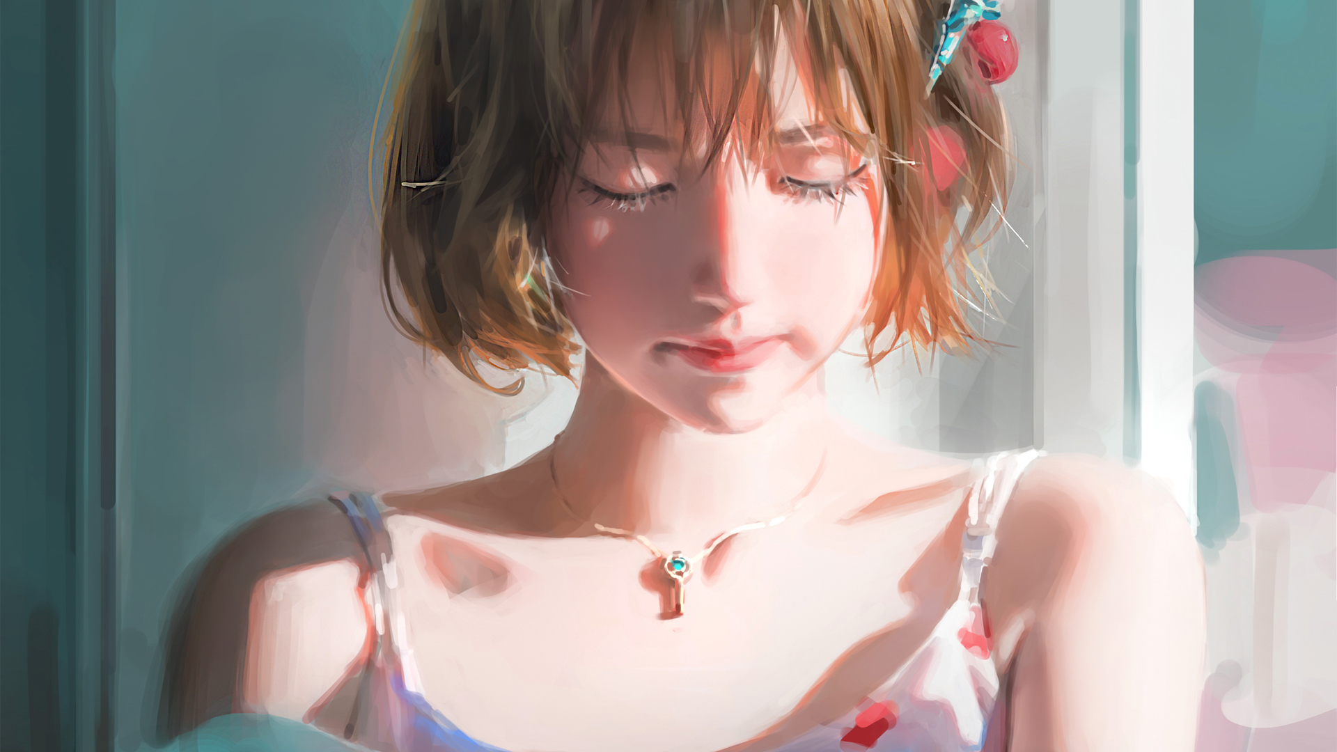 短发女孩 闭眼 绘画动漫人物壁纸_高清动漫壁纸