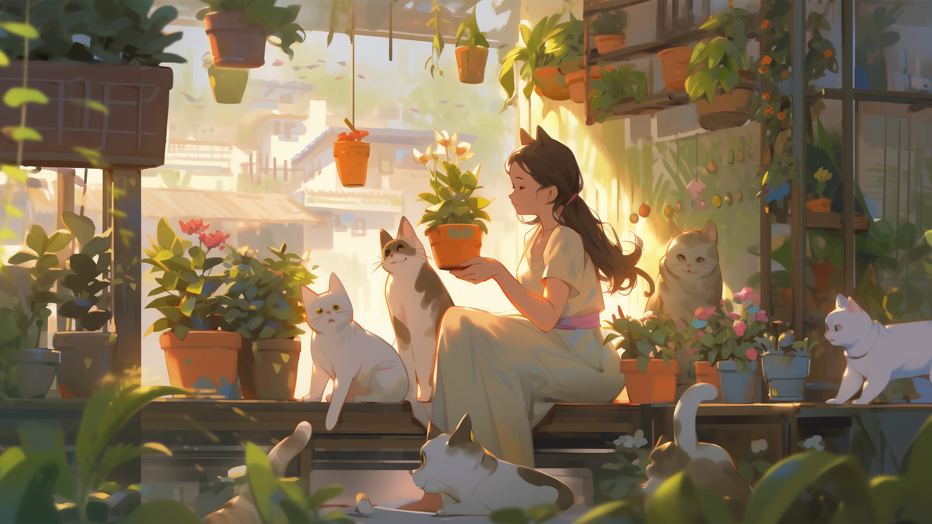 女孩 猫咪 盆栽 可爱动漫壁纸_高清动漫壁纸