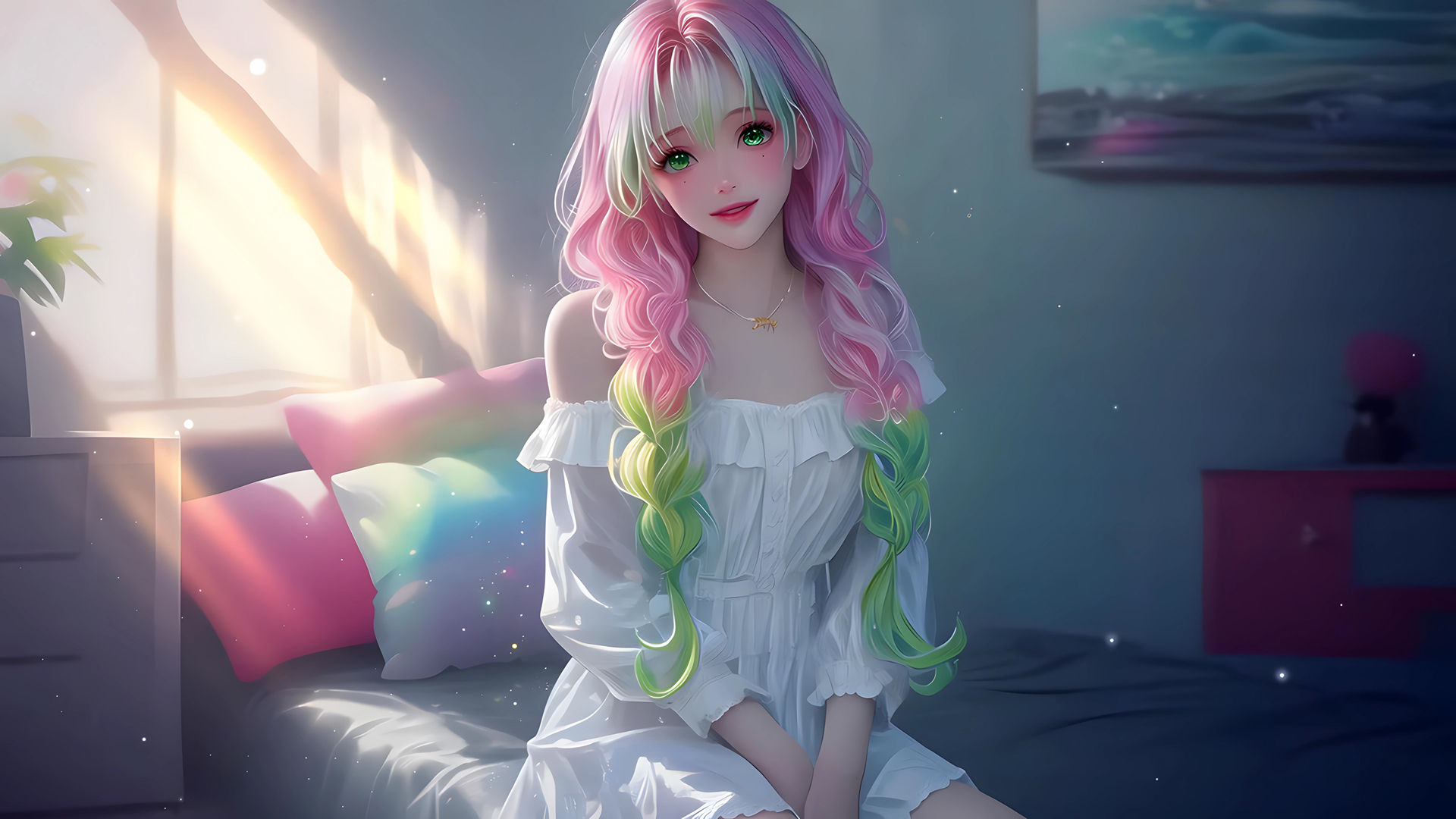 彩虹少女 白色裙子 床 阳光 动漫高清壁纸_高清动漫壁纸