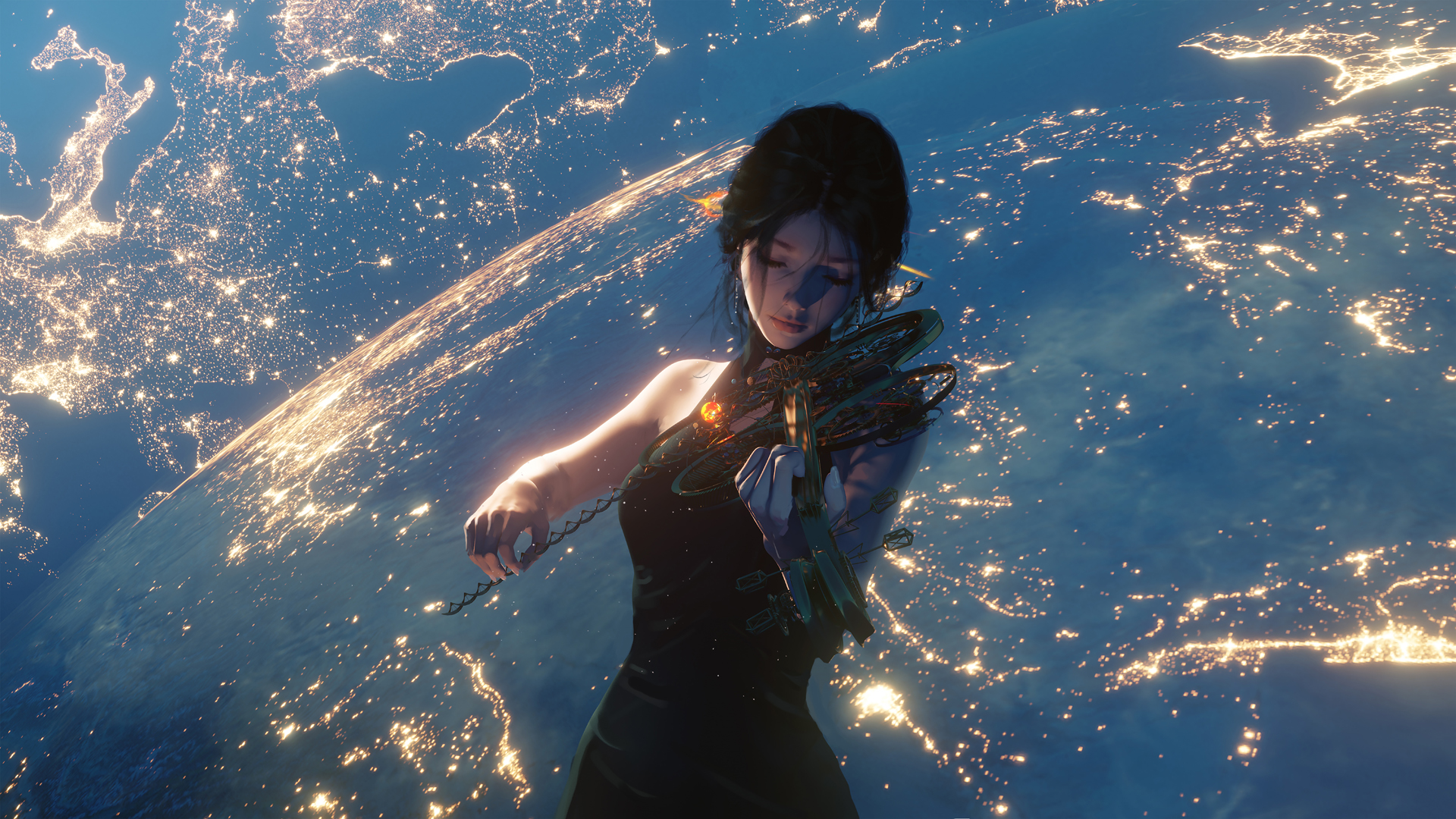 唯美 太空 女子 拿小提琴 意境 动漫壁纸_高清动漫壁纸