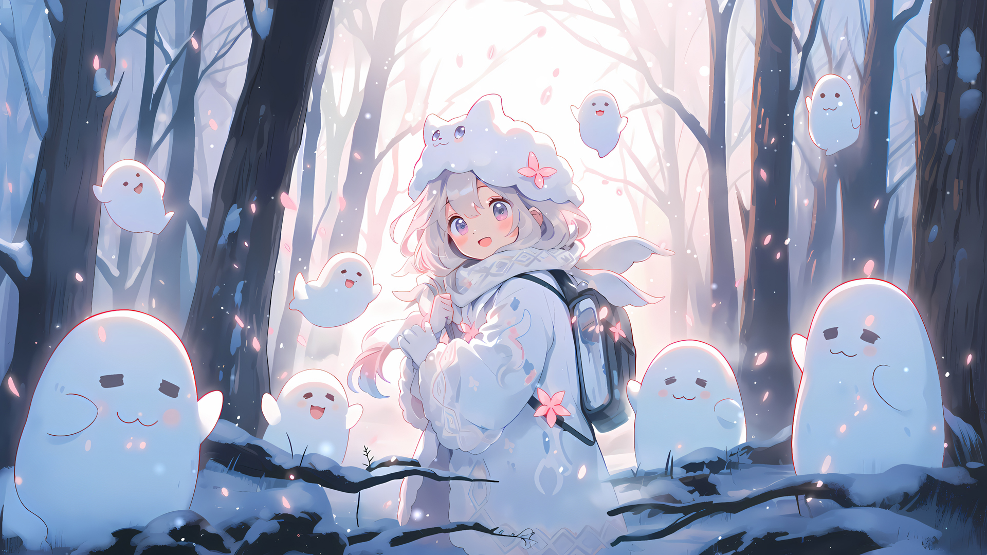 冬天 森林 小女孩 可爱小精灵动漫壁纸_高清动漫壁纸