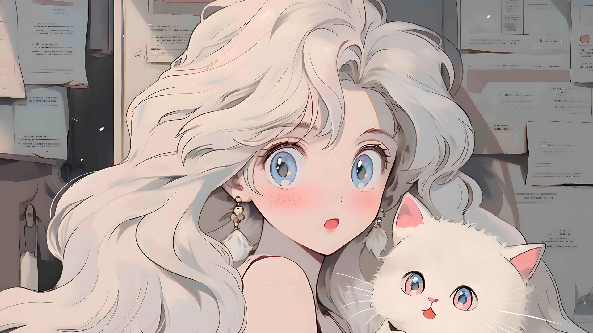 报纸墙可爱少女和猫动漫壁纸 _高清动漫壁纸