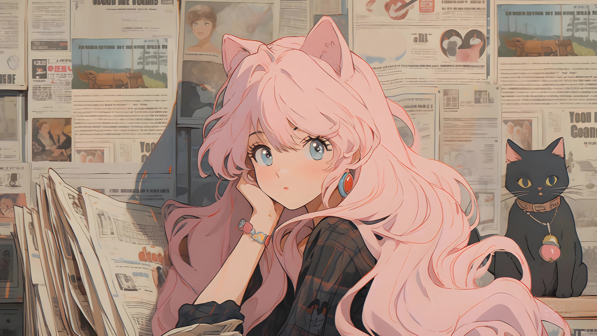 粉色长发 猫耳少女 报纸墙 动漫壁纸_高清动漫壁纸