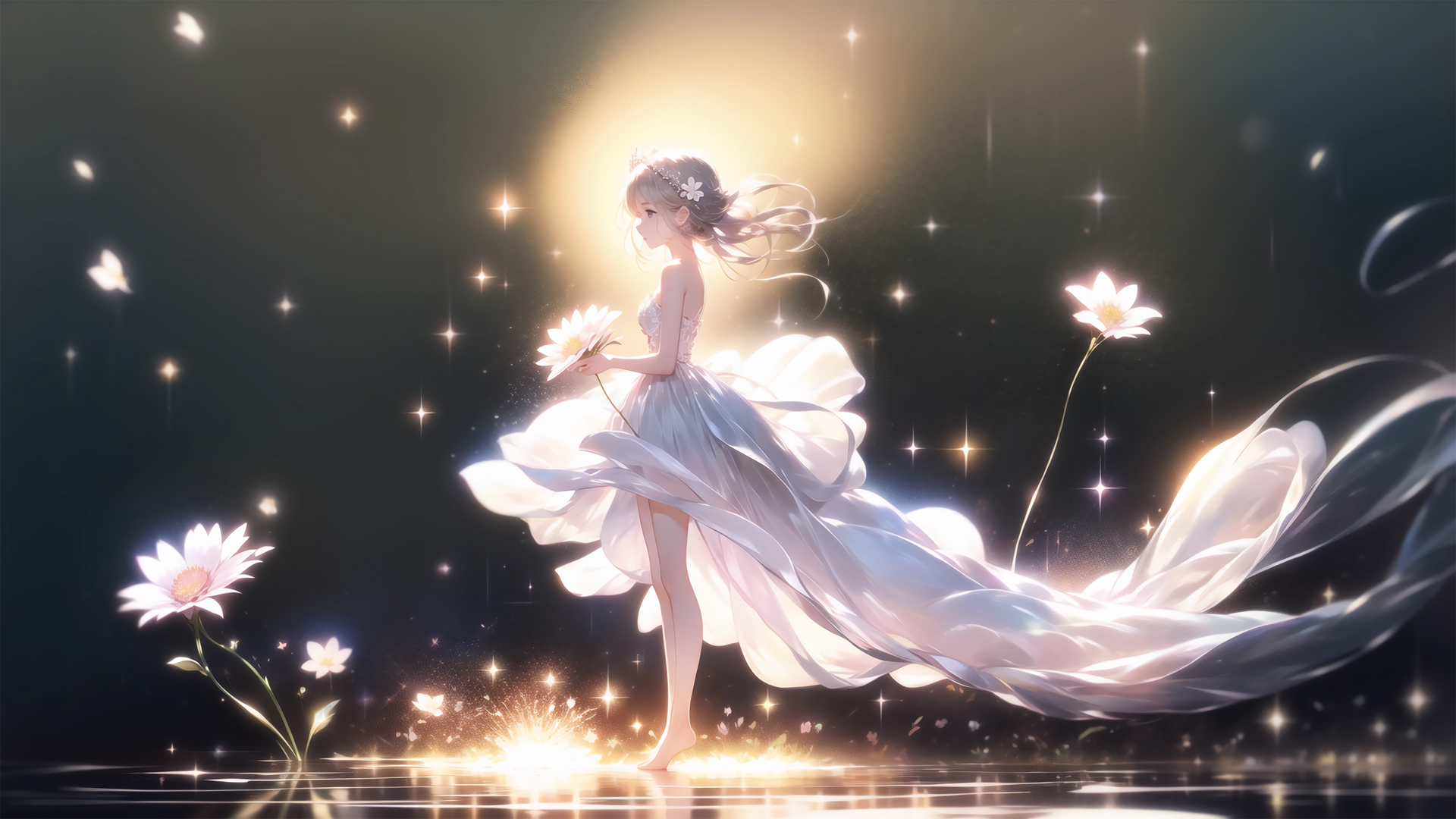 唯美小女孩 白色裙子 花 星光 动漫壁纸_高清动漫壁纸