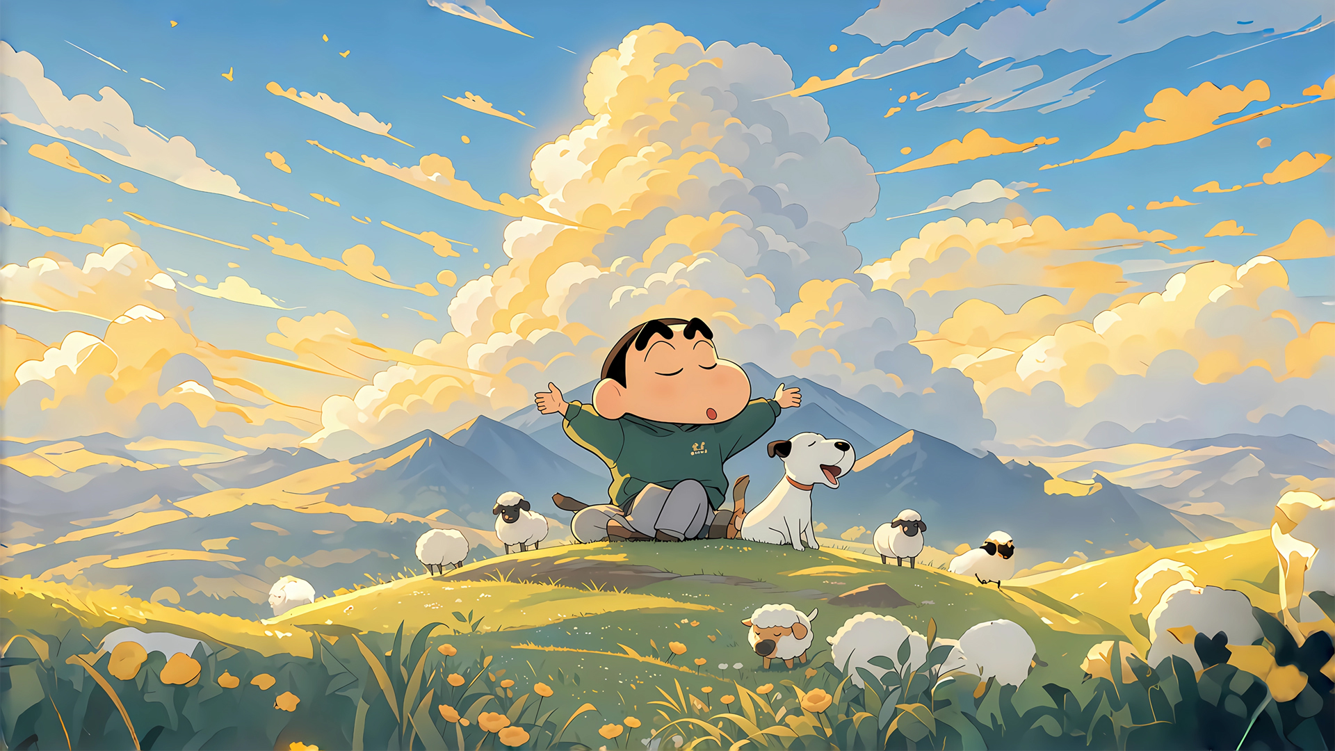 蜡笔小新 可爱小狗 小绵羊 草地 电脑壁纸_高清动漫壁纸