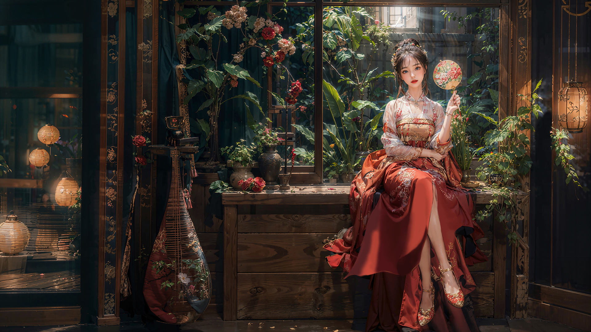 古风女子 扇子 红色裙子 室内 绿色植物 鲜花 动漫美女电脑桌面动漫壁纸_高清动漫壁纸