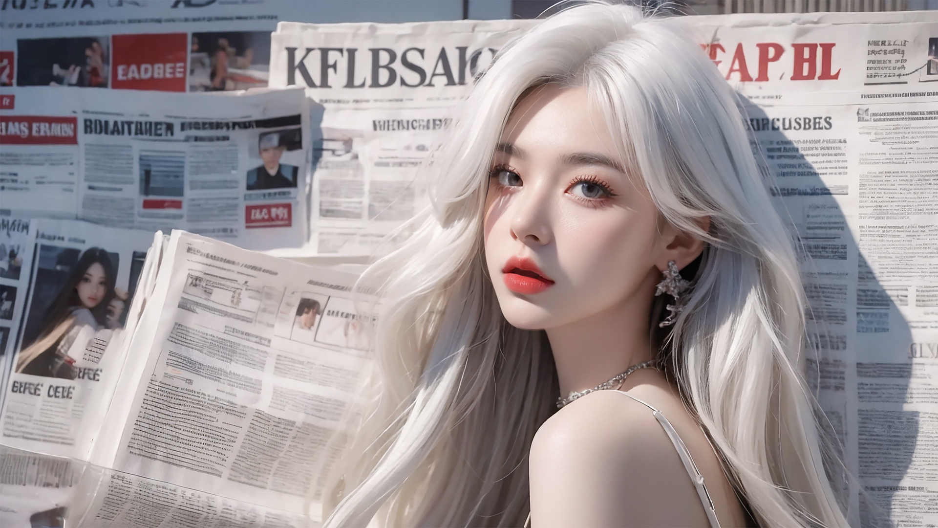 报纸墙 白色长发女孩 回眸 动漫壁纸_高清动漫壁纸
