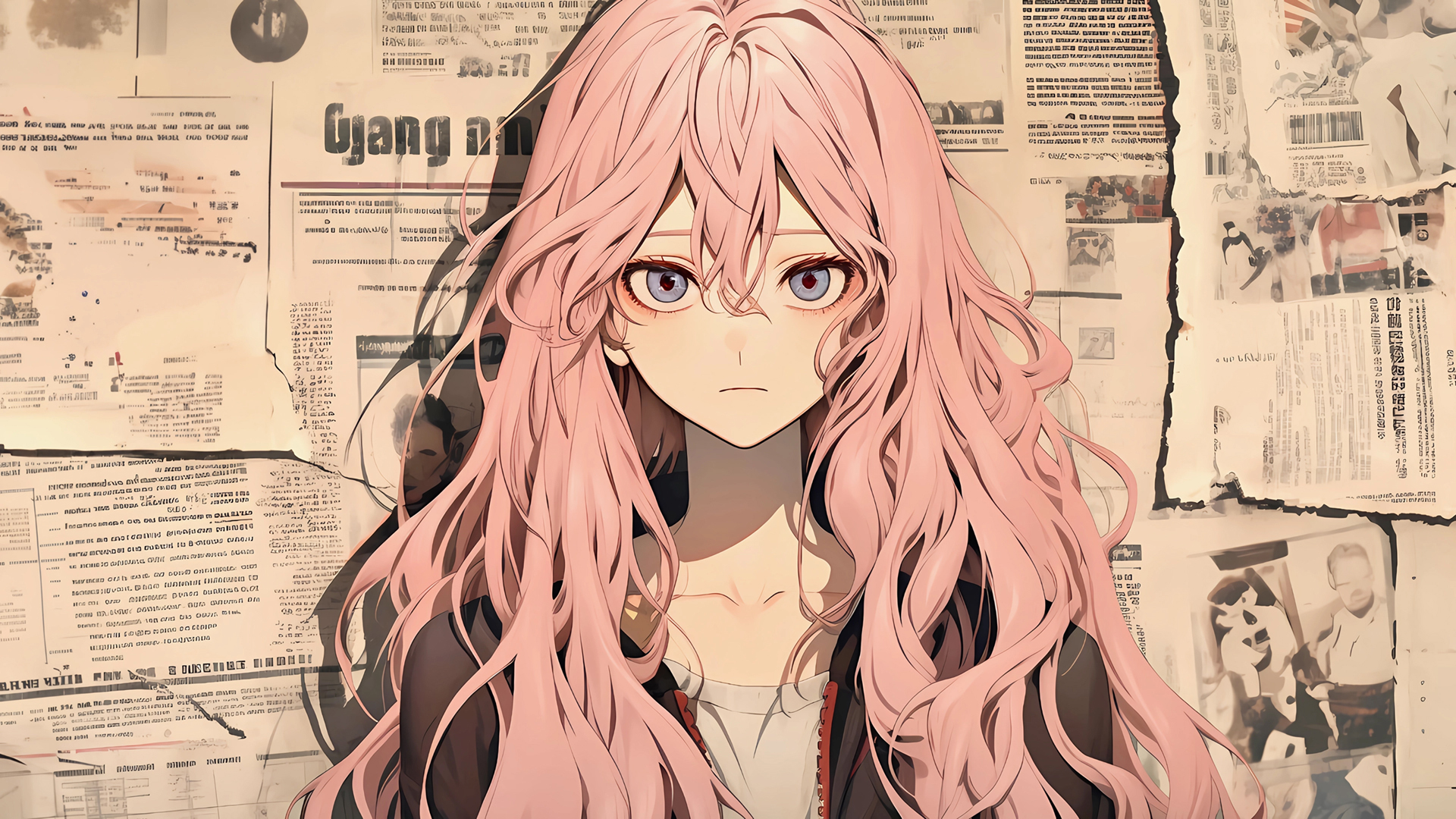报纸墙 粉色长发女孩动漫电脑桌面动漫壁纸_高清动漫壁纸