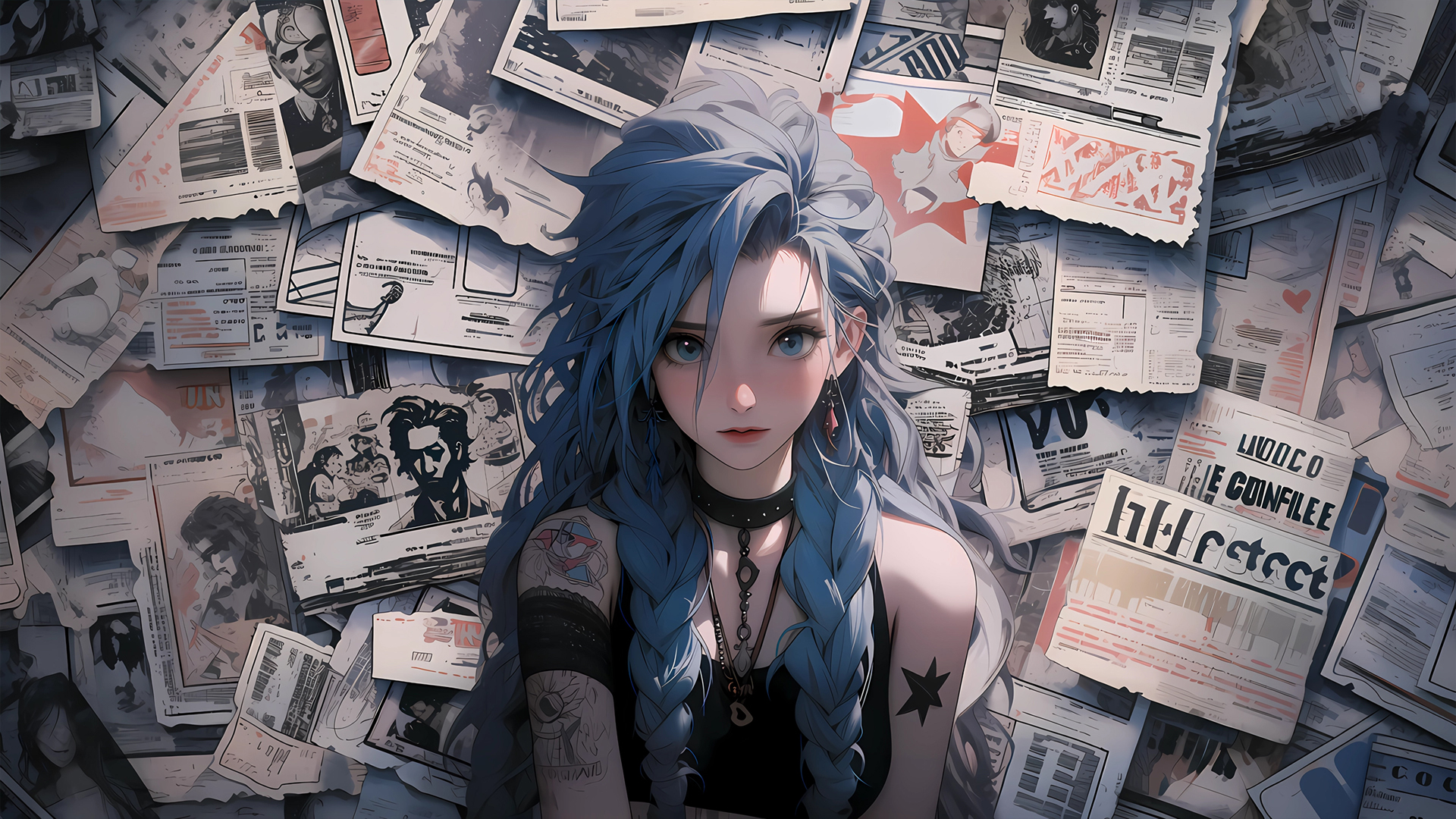 报纸墙 金克丝 蓝色双马尾辫 高清电脑壁纸_高清动漫壁纸