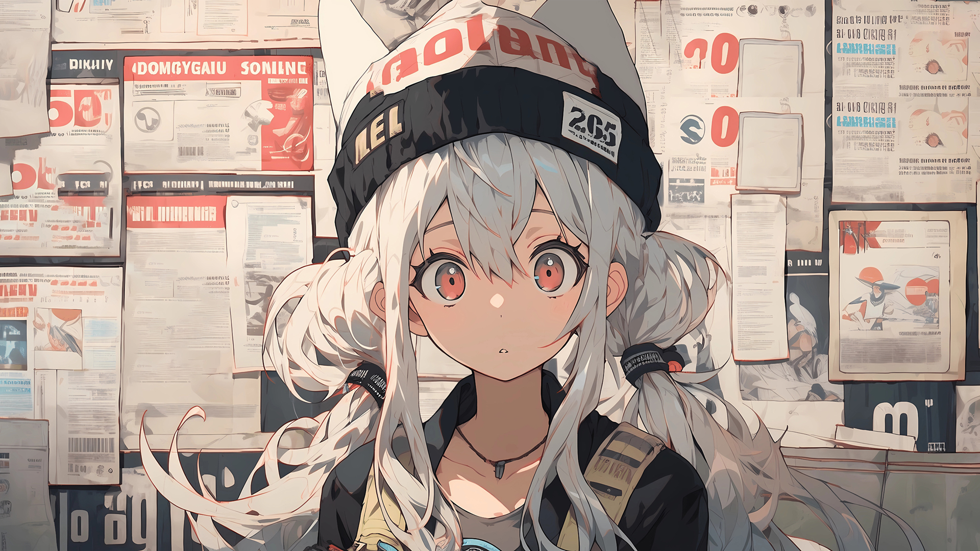 报纸墙 可爱少女 帽子 兽耳 动漫壁纸_高清动漫壁纸