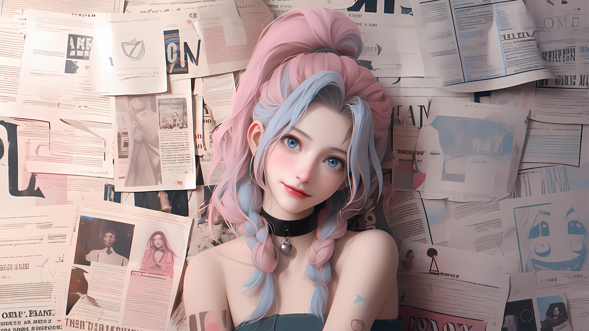 报纸墙少女 金克丝 粉色马尾辫子 电脑壁纸_高清动漫壁纸