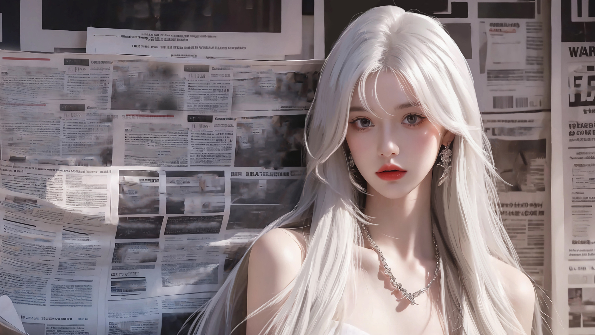 报纸墙美女 白色长发动漫壁纸_高清动漫壁纸