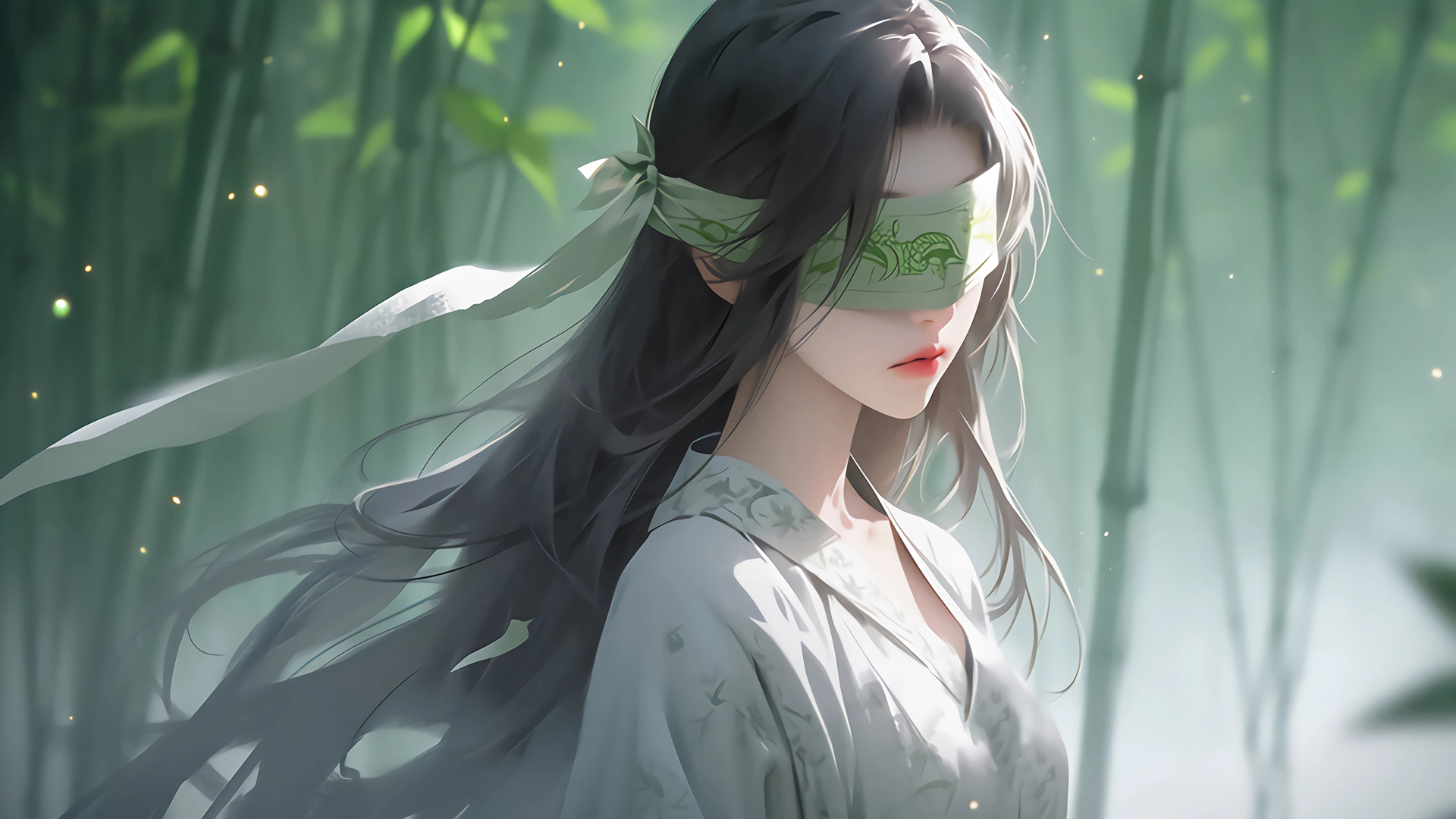 清新古风竹林美女蒙眼电脑桌面动漫壁纸_高清动漫壁纸