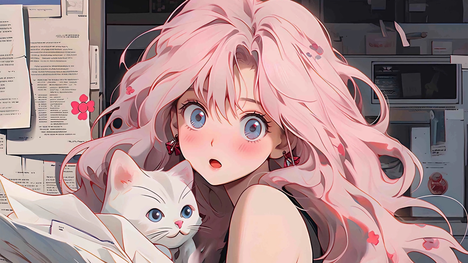 报纸墙 可爱粉色长发少女 猫 电脑桌面动漫壁纸_高清动漫壁纸