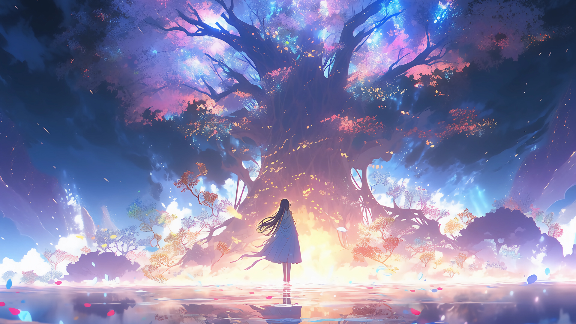 动漫女孩大树 水 唯美梦幻壁纸_高清动漫壁纸