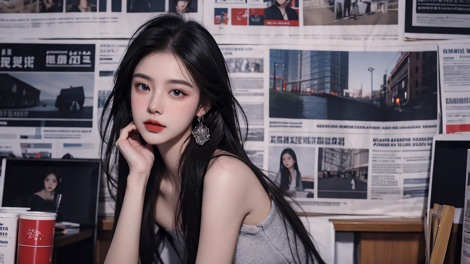 报纸墙 长发美女 耳饰 电脑壁纸_高清动漫壁纸