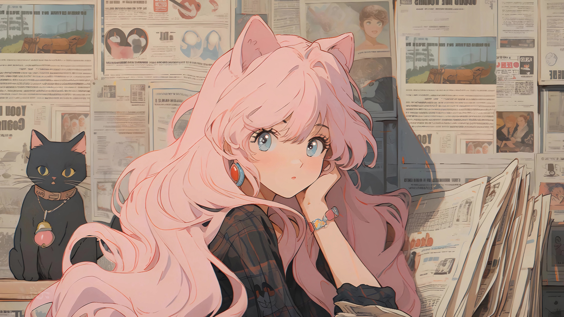 女仆 兽耳少女 一手托腮 报纸墙 动漫电脑桌面动漫壁纸_高清动漫壁纸