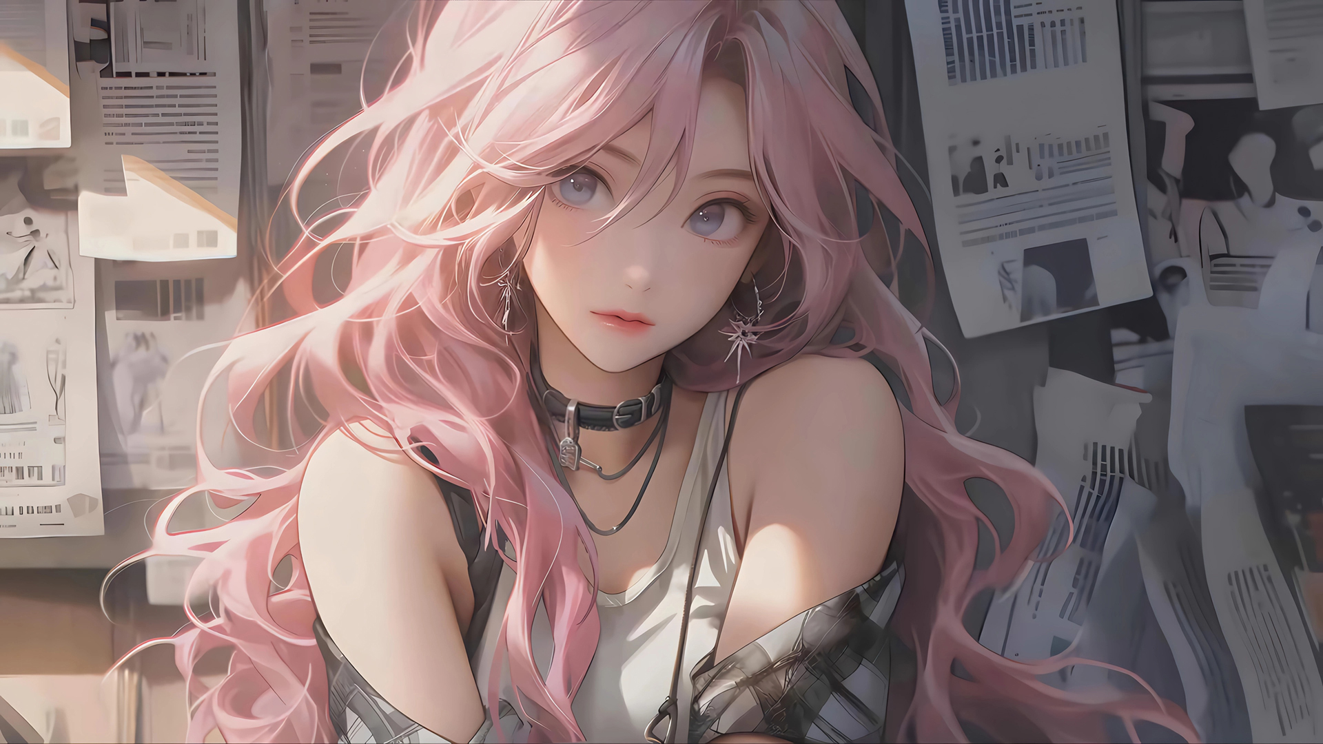 粉色大波浪女孩报纸墙动漫壁纸_高清动漫壁纸