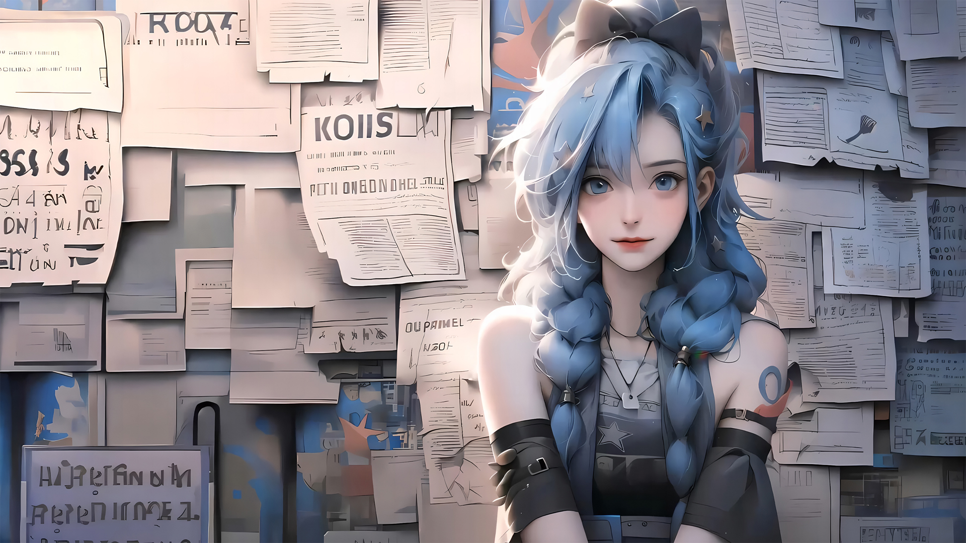 报纸墙女孩金克丝 蓝色眼睛头发猫儿电脑壁纸_高清动漫壁纸