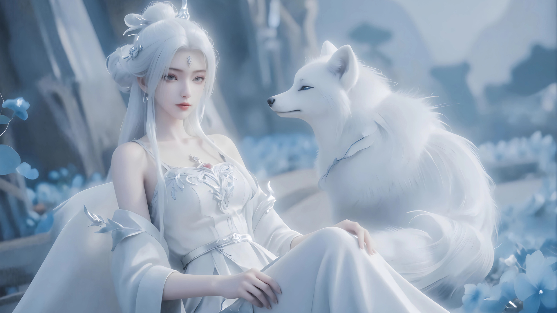 白发美女白狐唯美电脑桌面动漫壁纸_高清动漫壁纸