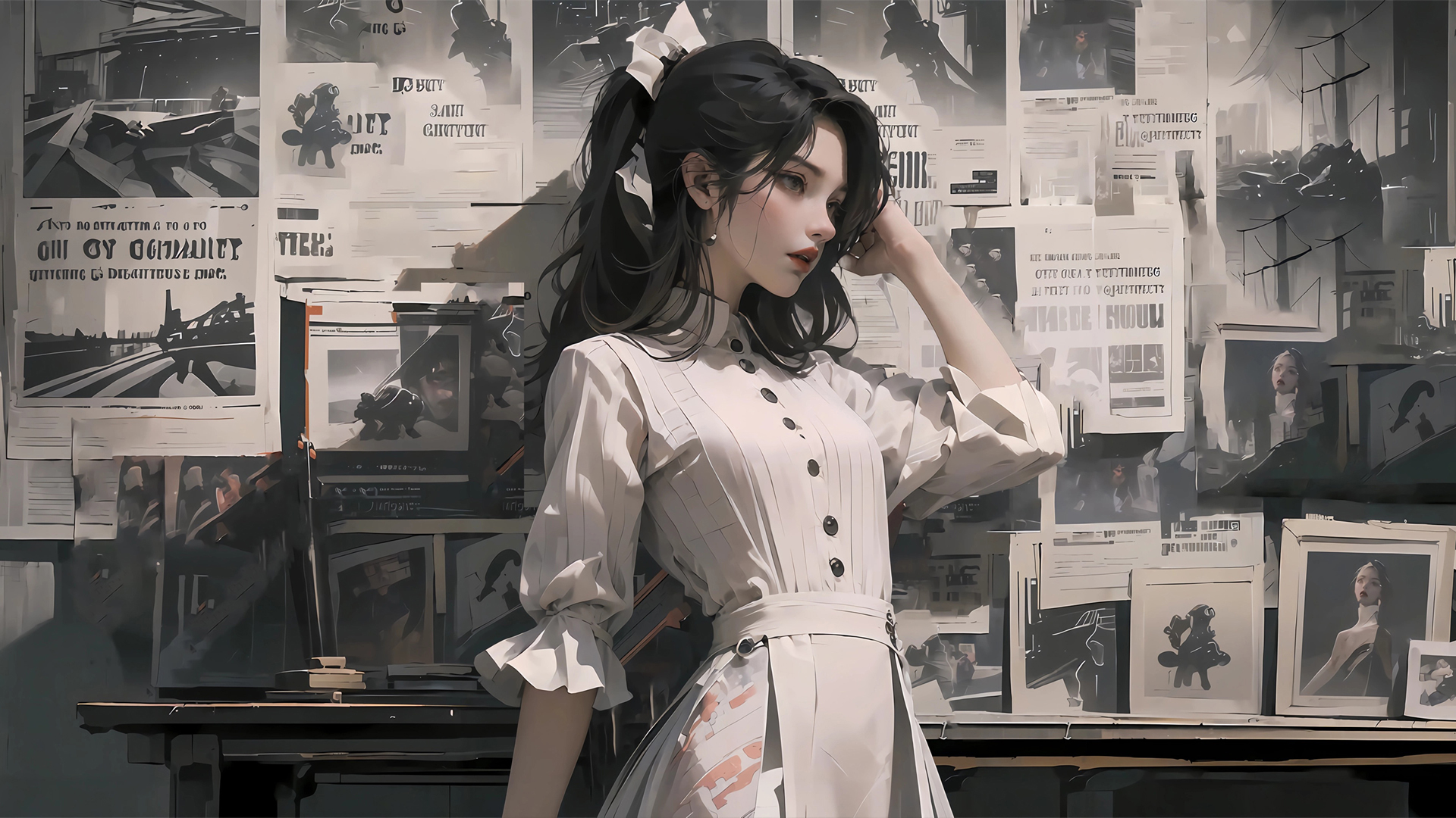 漂亮报纸墙少女 裙子 黑白风格 动漫电脑桌面动漫壁纸_高清动漫壁纸