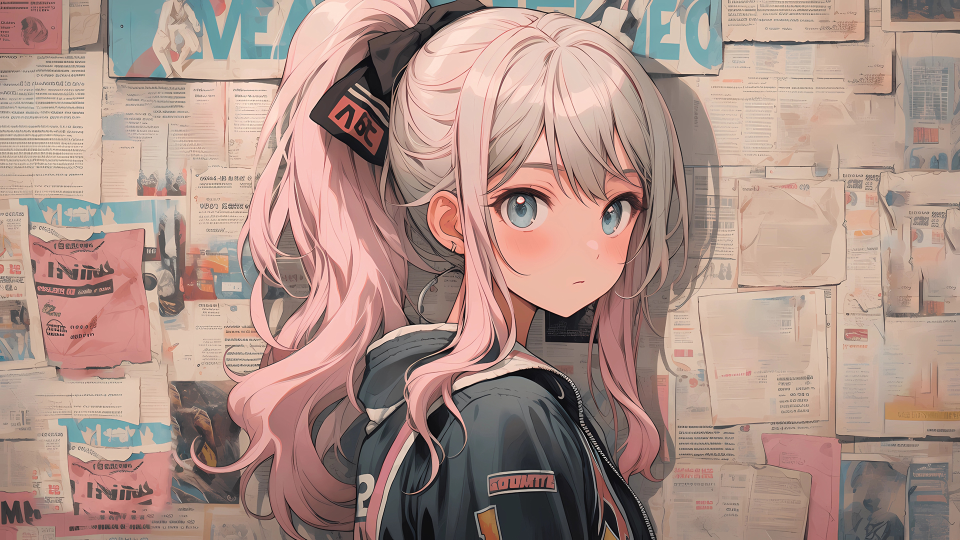 报纸墙 可爱马尾辫少女粉色长发动漫壁纸_高清动漫壁纸