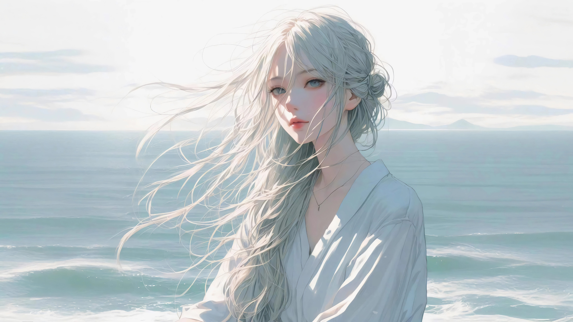 海边少女 长发 好看动漫壁纸_高清动漫壁纸