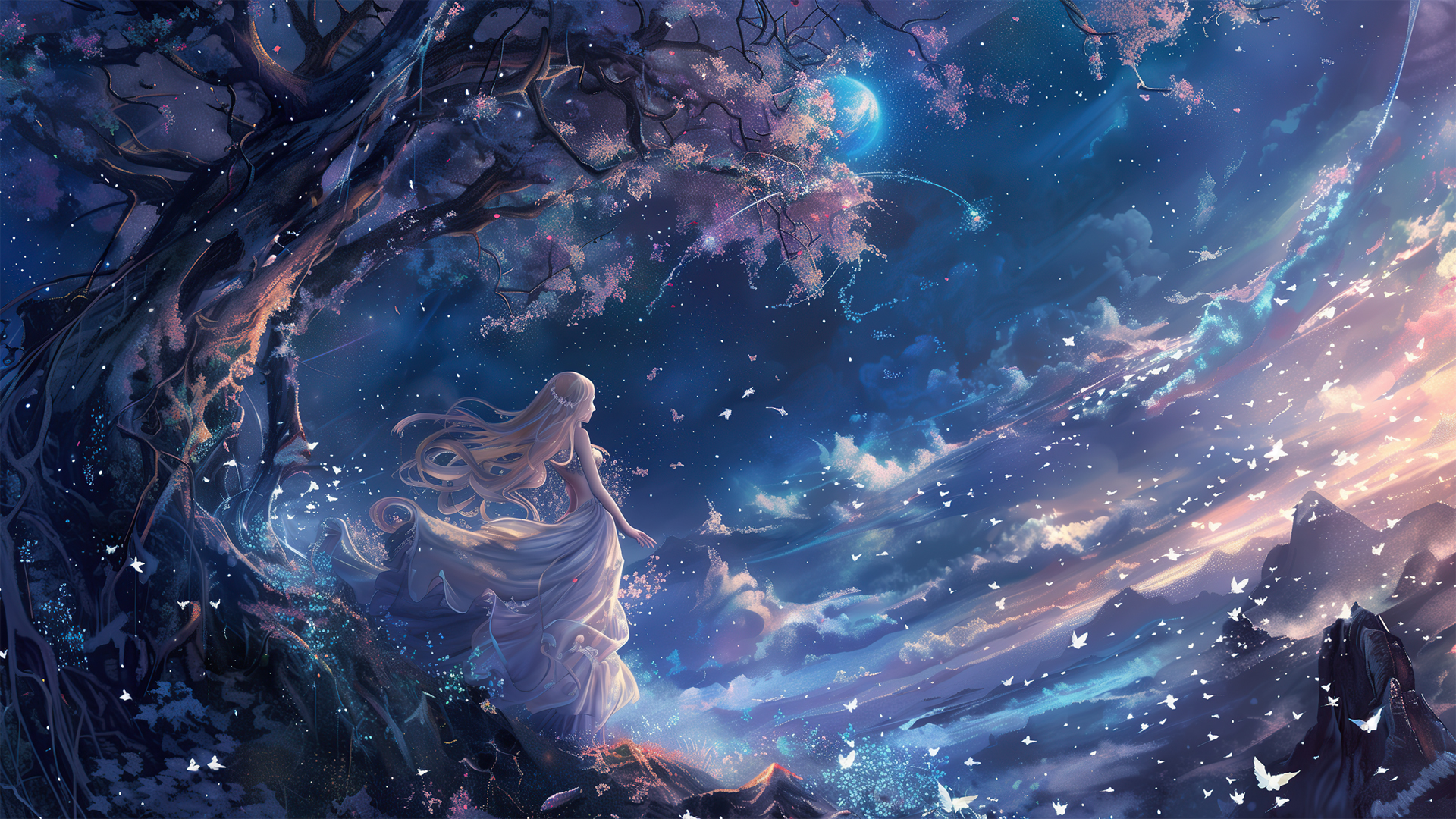 星空少女 树 天空 梦幻唯美电脑桌面动漫壁纸_高清动漫壁纸