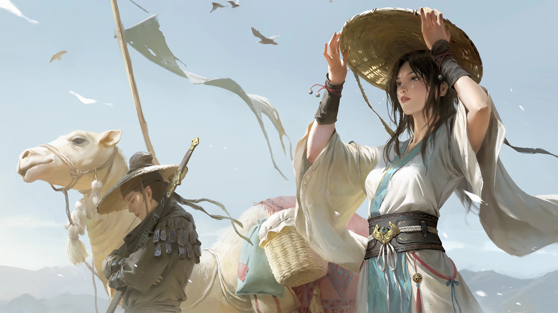 动漫古风古装女子 帽子 男子 剑 骆驼 壁纸_高清动漫壁纸