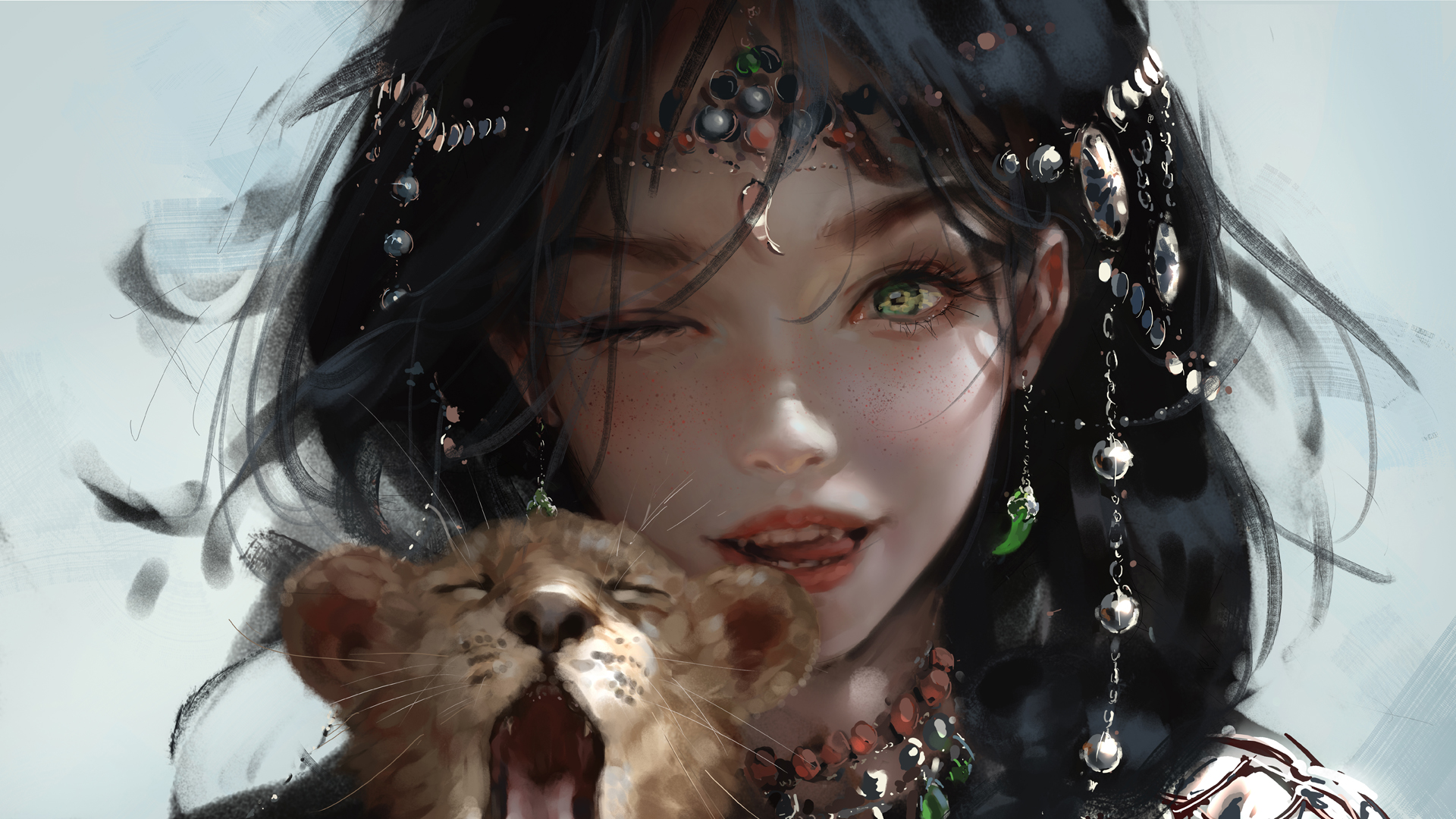 可爱女孩 绿色眼睛 小狮子 厚涂 电脑桌面动漫壁纸背景图_高清动漫壁纸