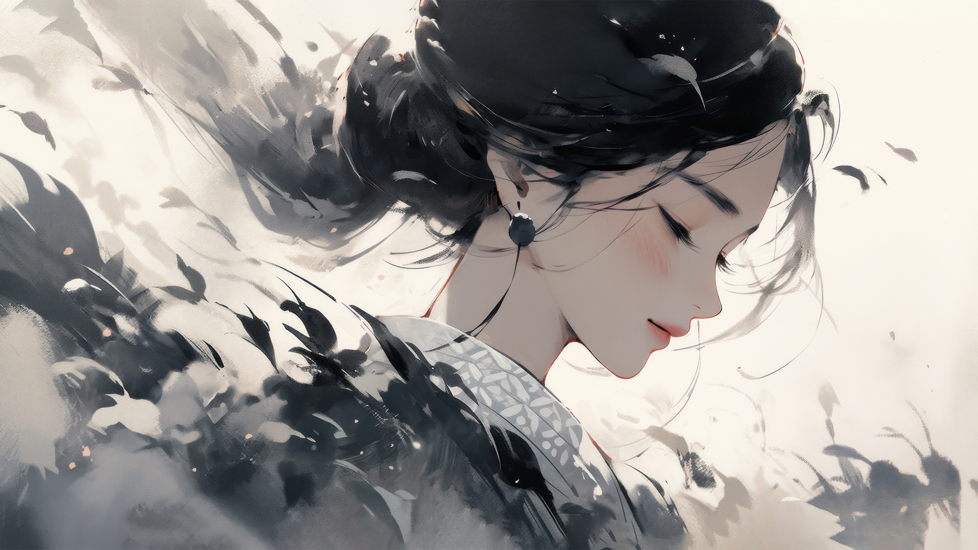 黑白古风动漫女孩唯美壁纸_高清动漫壁纸