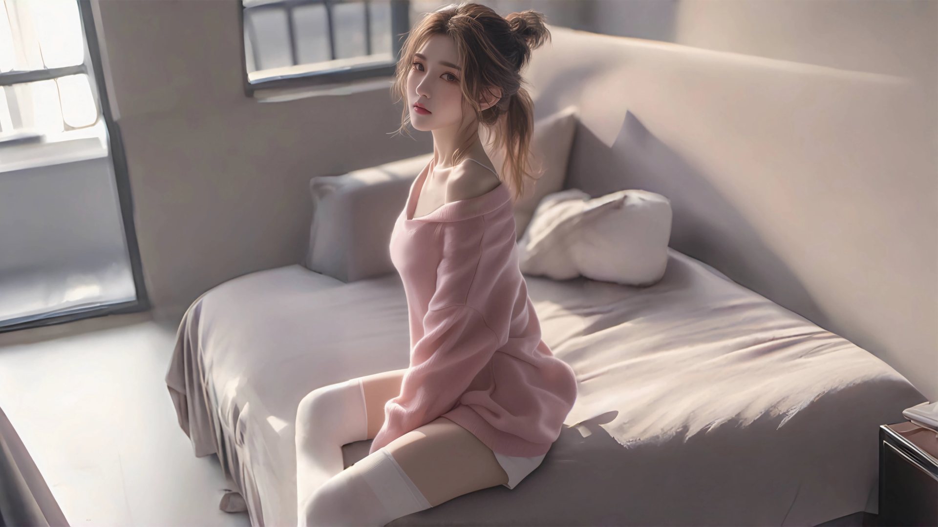 动漫美女 粉色毛衣 电脑壁纸_高清动漫壁纸