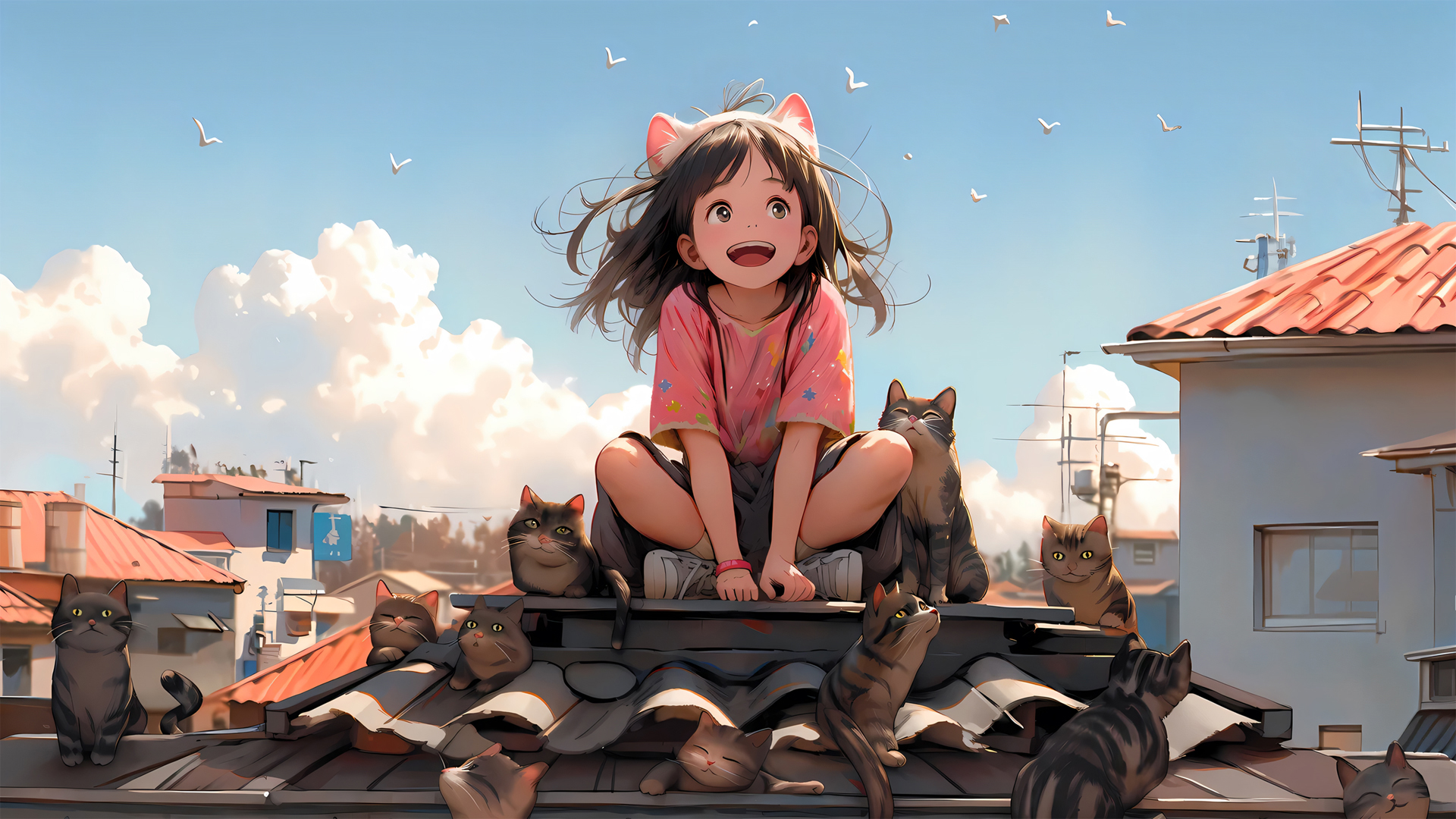 屋顶女孩和小猫动漫电脑壁纸_高清动漫壁纸