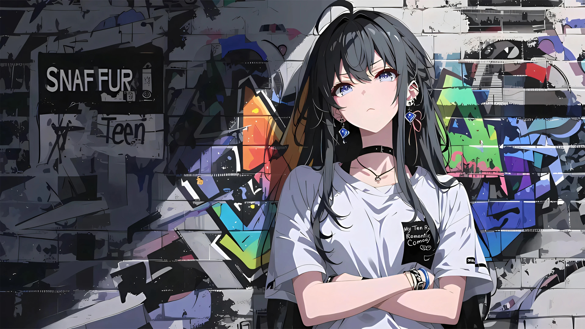 街头 涂鸦墙 动漫女孩 电脑桌面动漫壁纸_高清动漫壁纸