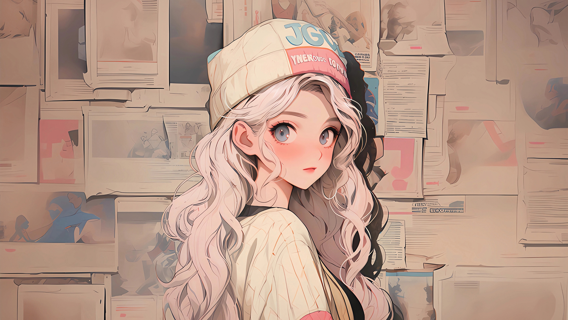 报纸墙女孩白媗动漫壁纸_高清动漫壁纸