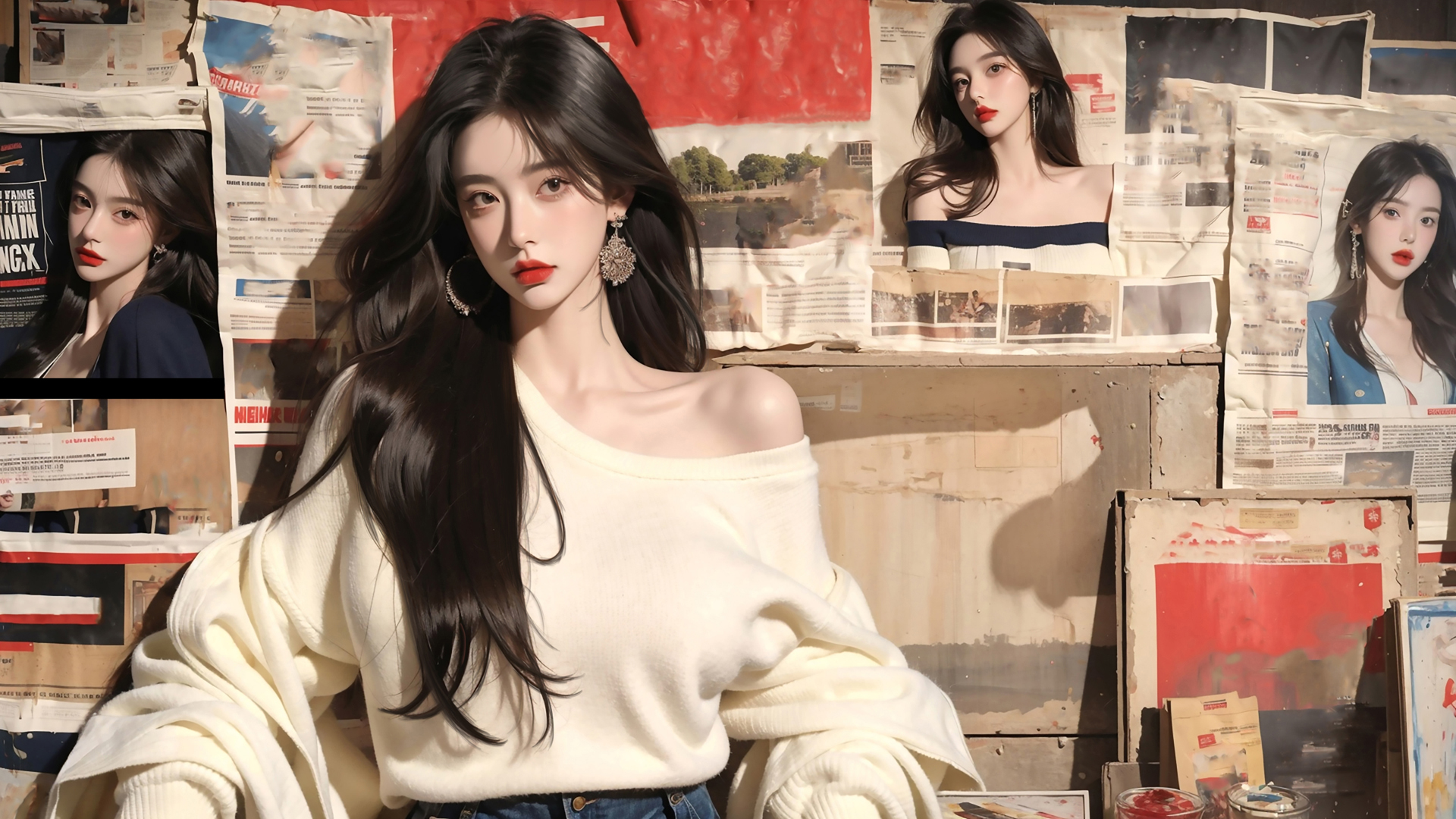 报纸墙 长发美女 高清动漫壁纸_高清动漫壁纸