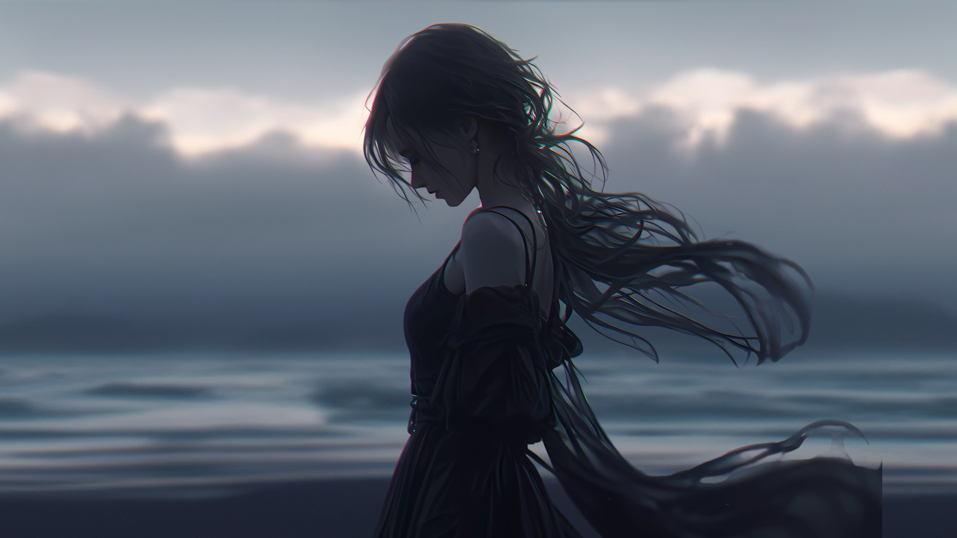 暗色系女孩长发黑色裙子电脑桌面动漫壁纸_高清动漫壁纸