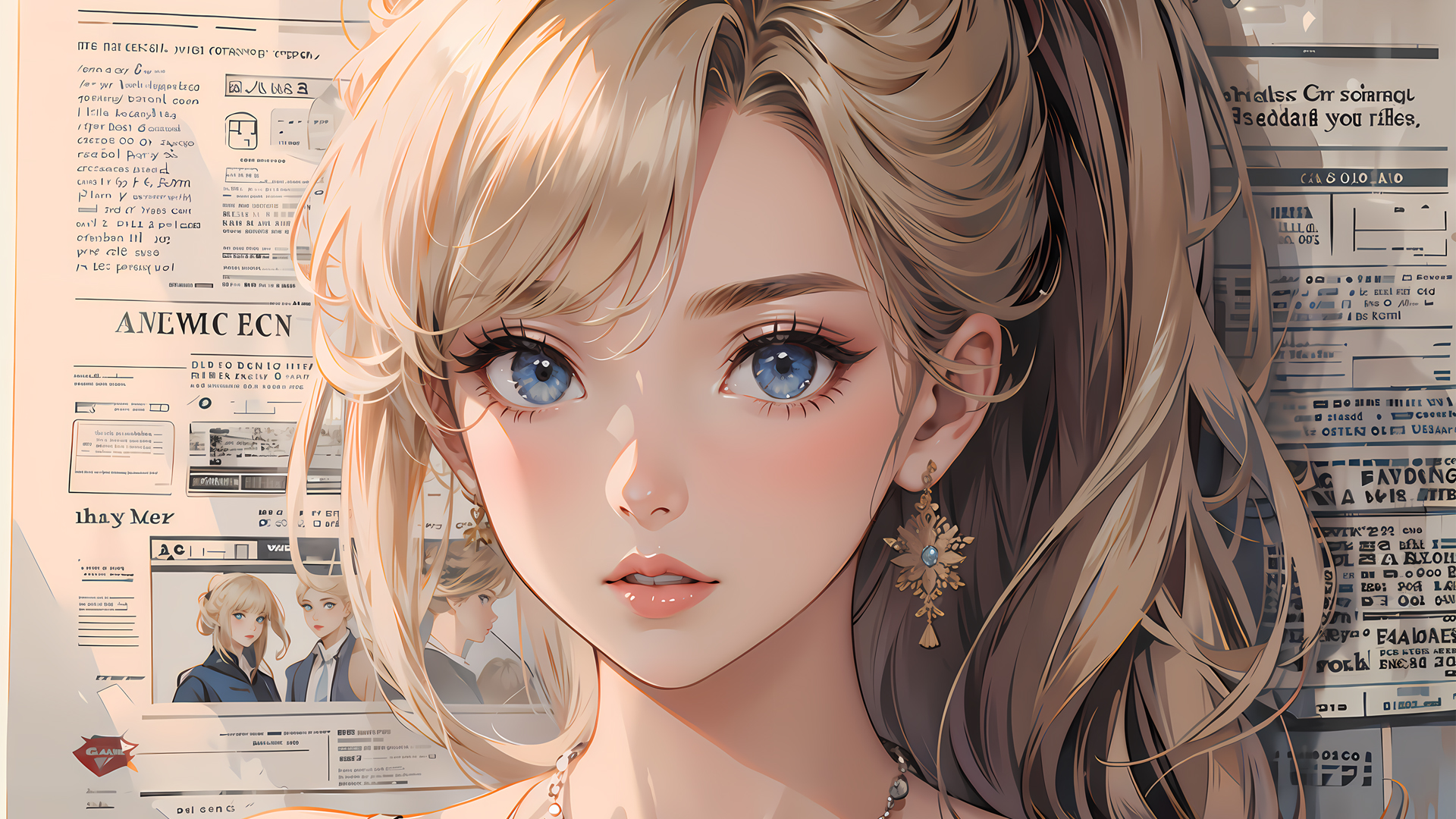报纸墙金发碧眼高马尾女孩动漫壁纸_高清动漫壁纸