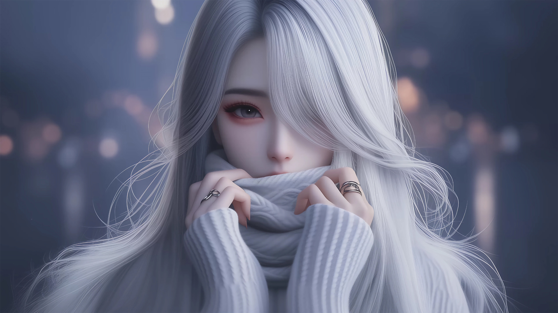 唯美 围巾 白色长发动漫女孩高清壁纸_高清动漫壁纸