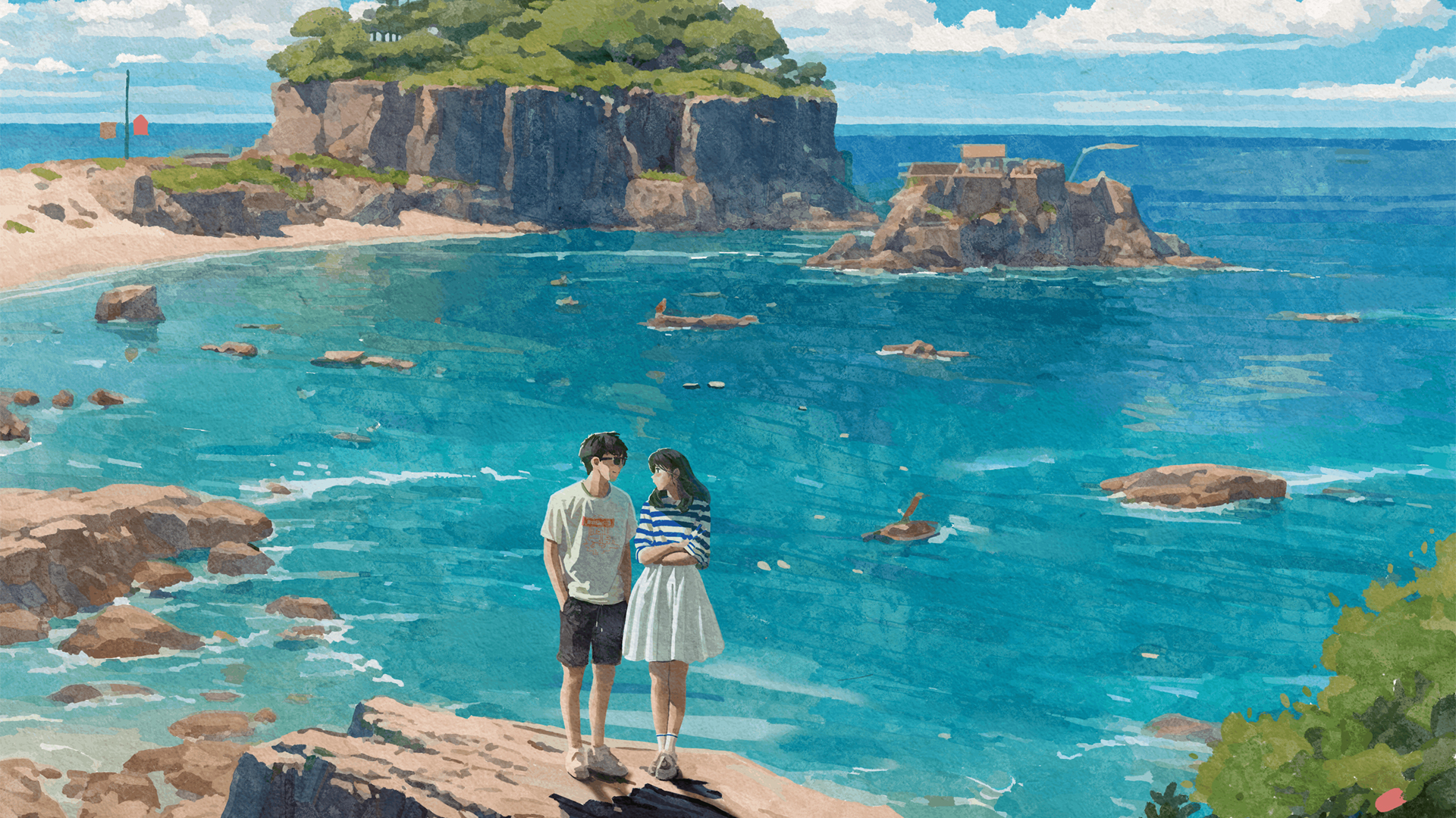 情侣海边岩石海水插画动漫壁纸_高清动漫壁纸