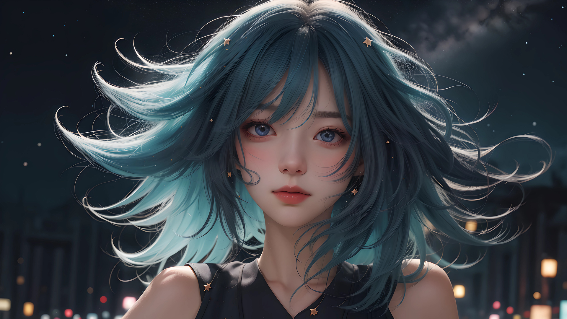 星空之下 动漫少女电脑壁纸_高清动漫壁纸