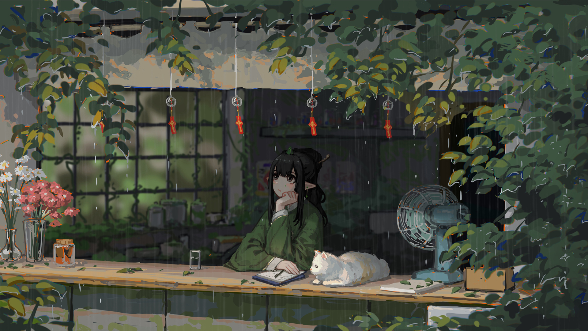 宁静的小院 动漫女孩兽耳 猫 电脑壁纸_高清动漫壁纸