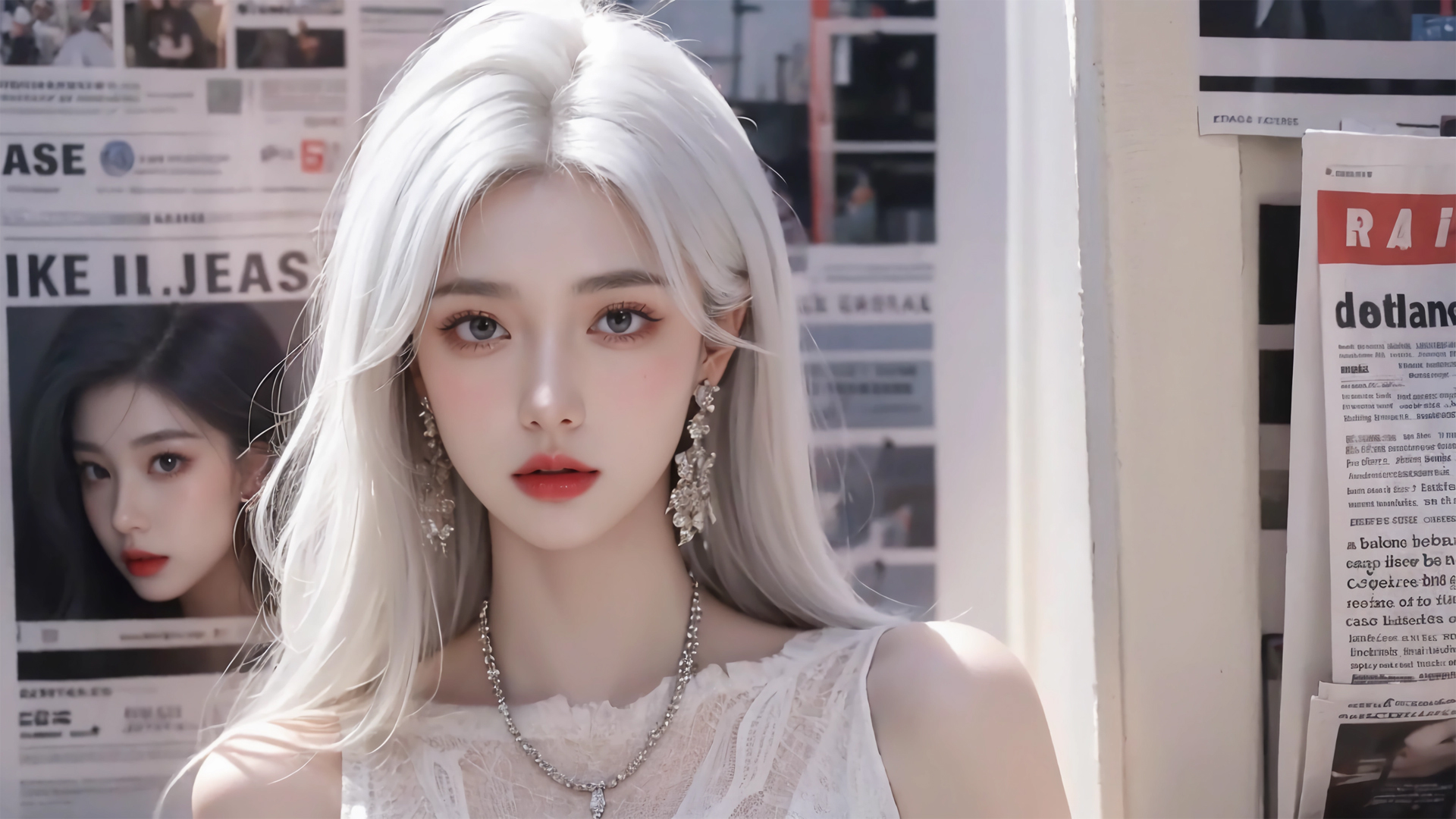 丁一 报纸墙 漂亮女孩 白色长发 动漫壁纸_高清动漫壁纸