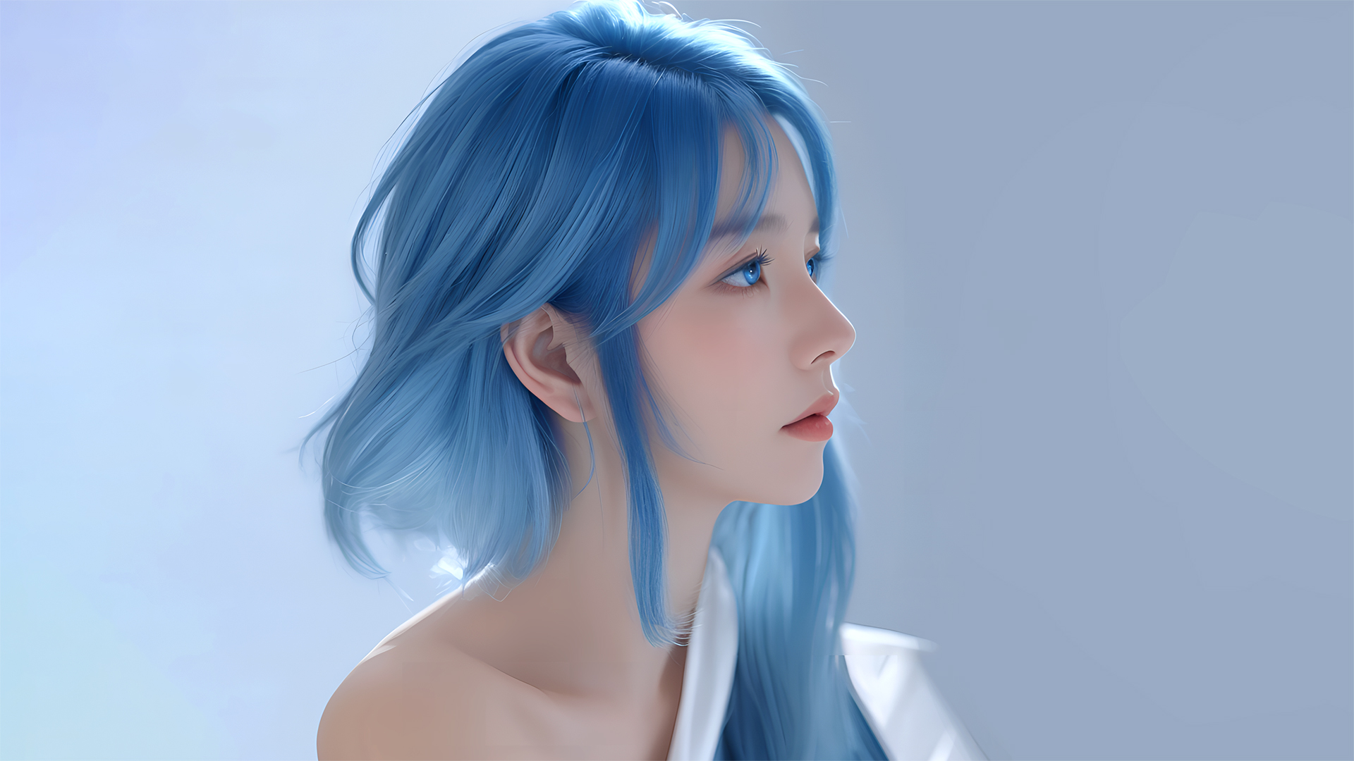 蓝色长发侧脸美女电脑壁纸_高清动漫壁纸