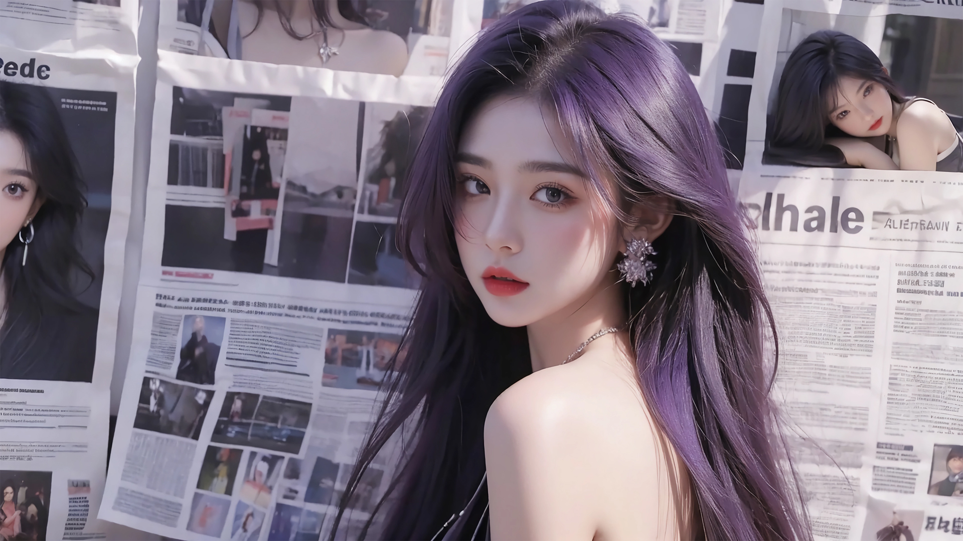 报纸墙美女回头动漫壁纸_高清动漫壁纸