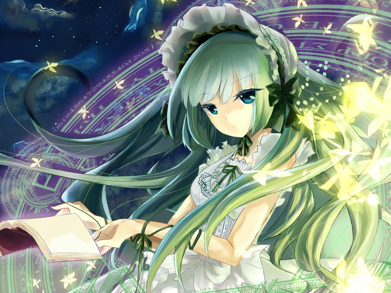 koro-女孩-claire-帽子-umineko-long-bernardus-书籍-视觉-服装-眼睛-蝴蝶-魔术-弓箭-游戏-小说-绿色-头发-naku-动漫-圆圈高清壁纸