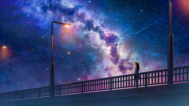 流星-艺术品-插图-星夜-绘画-灯笼-原创人物-星星-桥-动漫-风景-夜晚-动漫女孩-天空-1080P高清壁纸